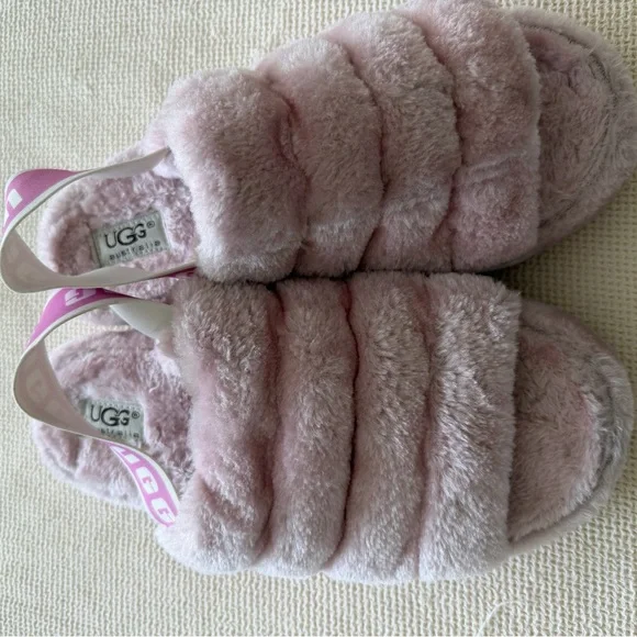 UGG Pink Plush Shearling Slide with Branded Elastic Heel Strap - Picture 3 of 5